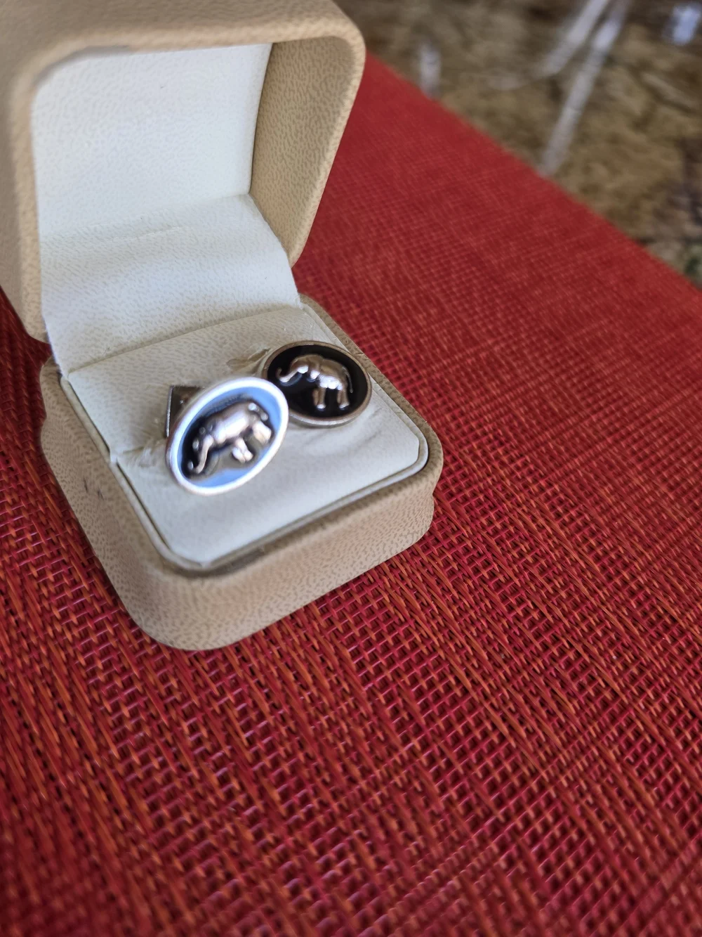 Vintage Silver & Black Enamel Elephant Lucky Upturned Trunk Oval Cufflinks - EUC